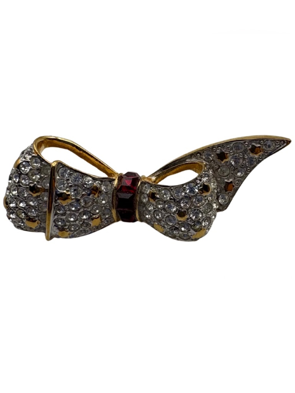 Vintage Rhinestone Bow Brooch Gold Tone with Red Crystal Accent